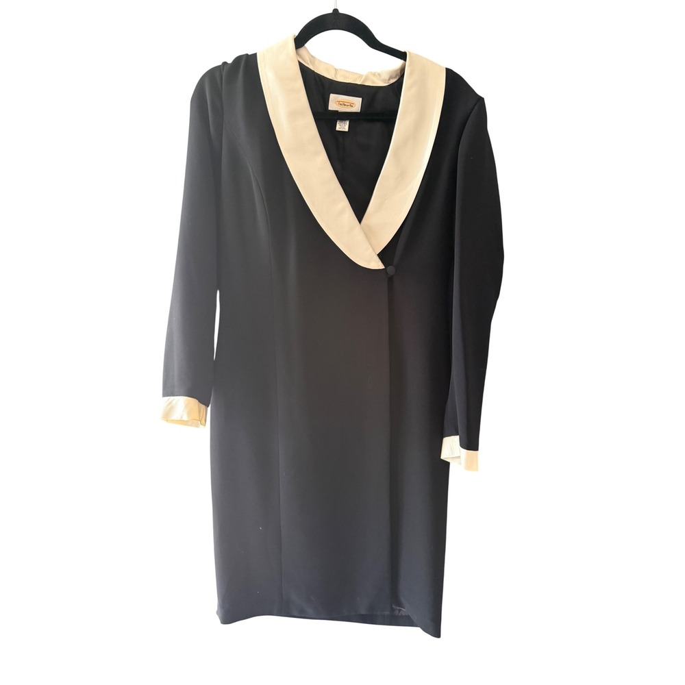 Talbots Vintage Tuxedo Wrap Dress Black Cream Silk Trim Shawl Collar Size 8